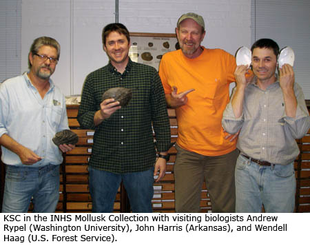 Kevin Cummings in the INHS Mollusk Collection with visiting biologists Andrew Rypel (Washington University), John Harris (Arkansas), and Wendell Haag (U.S. Forest Service).