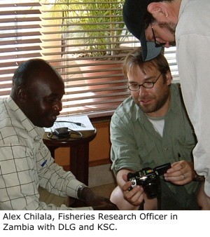 Alex Chilala, Fisheries Research Officer in Zambia with Daniel Graf and Kevin Cummings.