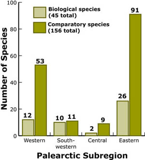 number of Biological and Comparatory species per Palearctic subregion