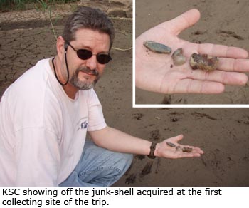 Kevin Cummings showing off the junk-shell acquired at the first collecting site of the trip.