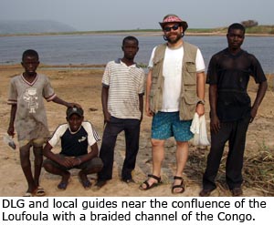 Daniel Graf and local guides near the confluence of the Loufoula with a braided channel of the Congo.