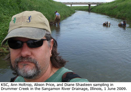 Kevin Cummings, Ann Holtrop, Alison Price, and Diane Shasteen sampling in Drummer Creek in the Sangamon River Drainage, Illinois, 1 June 2009.