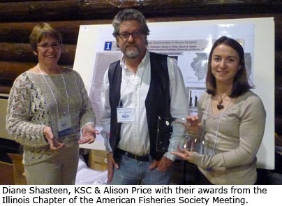 Diane Shasteen, Kevin Cummings & Alison Price with their awards from the Illinois Chapter of the American Fisheries Society meeting.