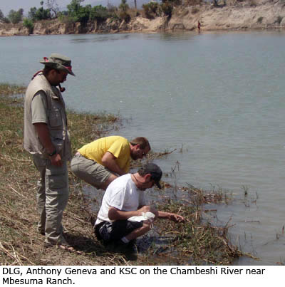 Daniel Graf, Anthony Geneva and KSC on the Chambeshi River near Mbesuma Ranch.